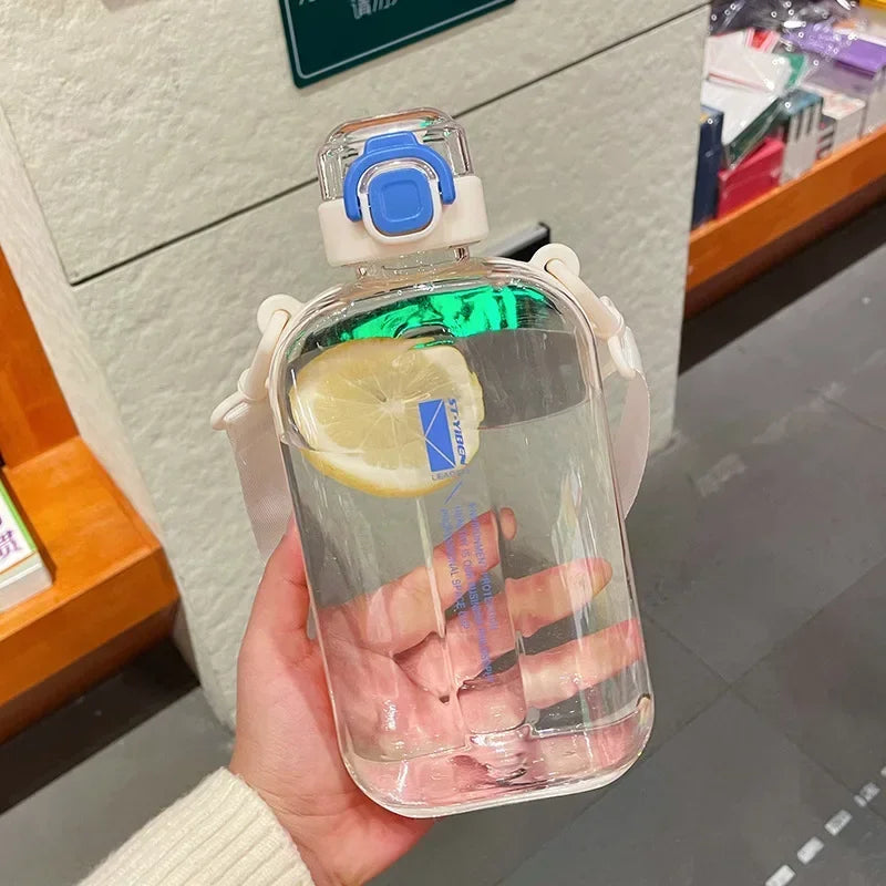 Flat Square Transparent Water Bottle with Strap