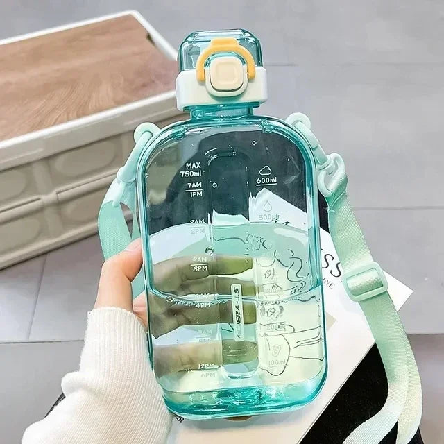 Flat Square Transparent Water Bottle with Strap