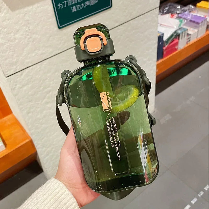 Flat Square Transparent Water Bottle with Strap