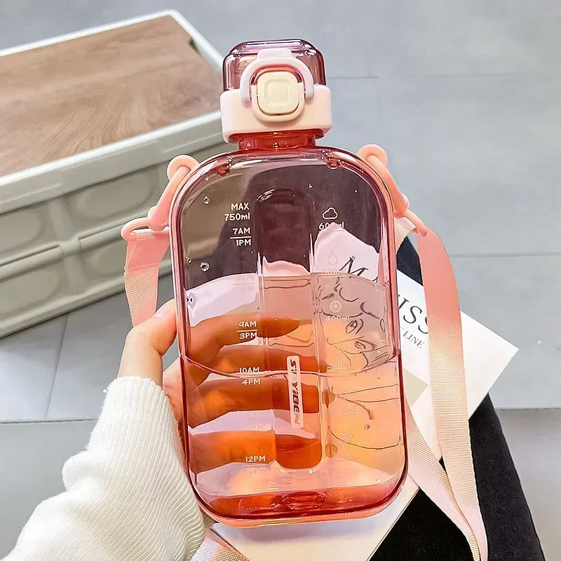 Flat Square Transparent Water Bottle with Strap